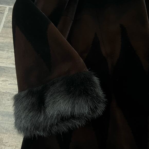 Nuage Dark Brown Black Faux Fur Hooded Coat w/ Trim Diamond Pattern Y2K - Picture 13 of 16